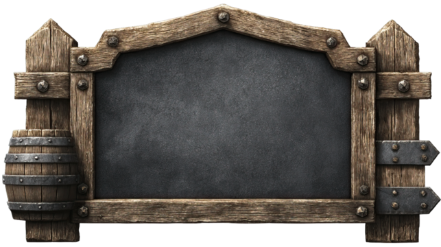 Medieval wooden sign with a chalkboard and barrel
