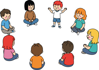 Group of children sitting in circle, colorful clothing, classroom activity, discussion, interaction, learning, daycare, social engagement, teamwork, communication