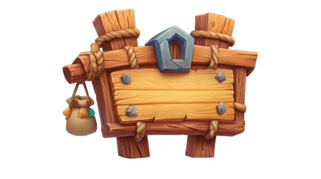 Rustic wooden signpost with hanging pouch