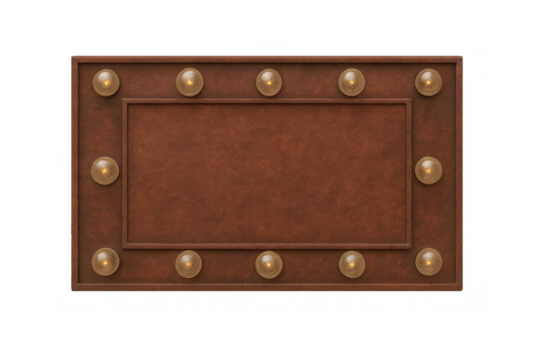 Vintage brown leather marquee sign with light bulbs, empty frame for text, transparent background