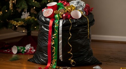 Bag full of Christmas waste near tree