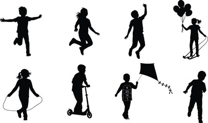 Silhouette vector illustration of playful children running, jumping, skipping, flying kites, and enjoying outdoor activities for kids’ lifestyle designs