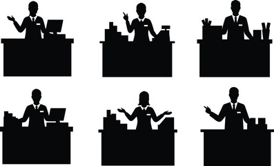 Silhouette vector illustration of supermarket cashier employees at checkout counter with computer register and products, retail business staff service design.