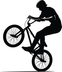 Fototapeta premium Silhouette vector of BMX stunt rider performing wheelie trick on bicycle, extreme freestyle cycling artwork for sports design and apparel.