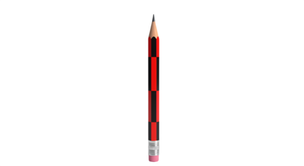 Sharpened graphite pencil with red and black checkered pattern, isolated on transparent background
