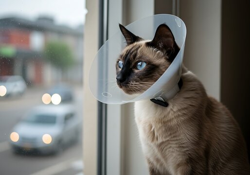 Siamese cat wearing a protective cone collar looking out a window at a street with cars.
