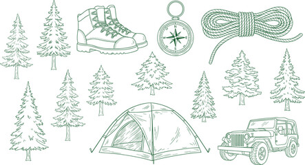 Camping and outdoor adventure vector illustration with tent, trees, boots, compass, jeep — hand drawn nature icons for travel design © Vex flow