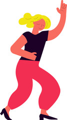 天井を指差しながら踊るバルーンパンツの金髪女性