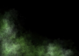 Colored bright smoke, transparent green fog, bright colorful mist.. Black background.