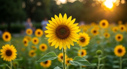 Obraz premium Vibrant Sunflower Field Bathed in Golden Sunlight at Sunset.