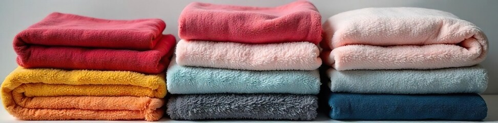 Cozy Stack of Folded Blankets and Sheets in Various Colors and Textures, Ready for Use in Bedroom or Living Room - Organic, Luxurious Home Decor