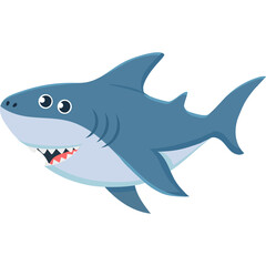 Cartoon Shark Character with Big Teeth and Friendly Eyes in a Blue Gray Color Palette on a Transparent Background Pixel Art Style