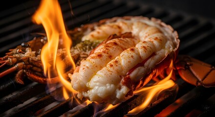Close-up of Lobster Tail Grilling on BBQ with Bright Orange Flames