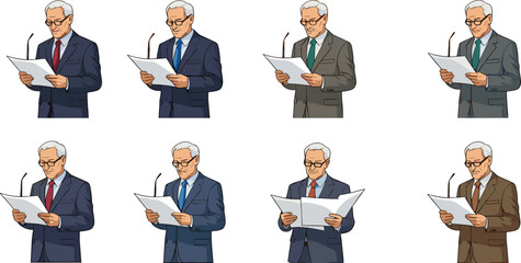 Senior businessman reading speech at podium with microphone, elderly man in suit holding paper, corporate vector illustration multiple poses