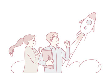 People excited about rocket flying in sky. Businesspeople celebrate shared business startup launch. Innovation and project start. Vector illustration.