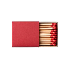 Red matchbox filled with many wooden matches ready for use isolated on transparent background