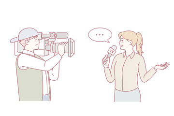 Cameraman shooting woman journalist doing reportage. Professional operator filming female reporter with microphone. Journalism concept. Vector illustration.