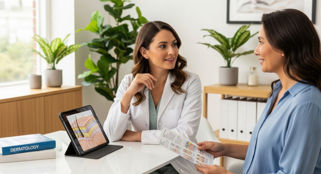 Attractive female dermatologist discussing skin condition with patient on tablet in modern dermatology office