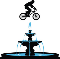 Fototapeta premium Silhouette illustration of a stunt cyclist performing daring jump on BMX bike over decorative water fountain with flowing streams vector art.
