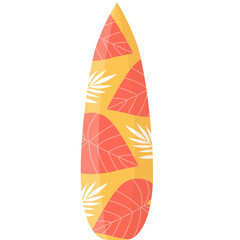 Bright Yellow Surfboard With Orange Leaf Pattern And White Fronds Isolated On White Background Summer Beach Sport Theme