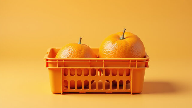 Plastic crate with two oranges symbolizing minimal fruit availability in stores
