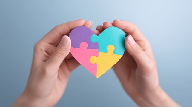 Hands hold autism puzzle heart