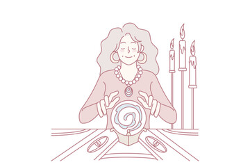 Female witch with magical crystal ball predicting future. Woman fortune teller reading destiny in dark room. Magic and superstition. Vector illustration.