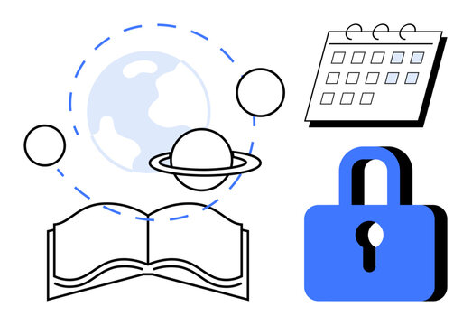 Open book with planets and orbits, a calendar, and a padlock symbol. Ideal for education, knowledge, exploration, planning, organization security and time management. A simple flat metaphor