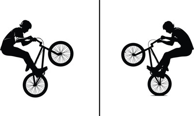 Fototapeta premium Silhouette illustration of BMX stunt riders performing wheelie tricks on bicycles, extreme freestyle cycling vector design for sports posters and apparel.