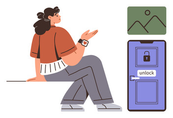 Woman sitting thoughtfully near locked door with an unlock button, emphasizing challenges and solutions. Ideal for creativity, self-reflection, problem-solving, access, opportunities