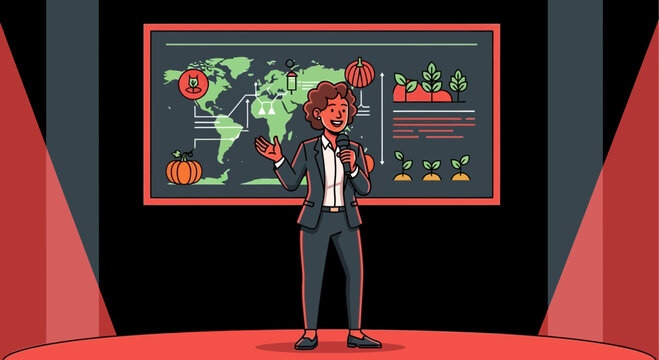 Agricultural expert presenting global farming data on stage at conference - Powered by Adobe