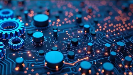 A close-up view of blue gears on a circuit board, showcasing intricate details and glowing elements, highlighting technology and engineering. - Powered by Adobe