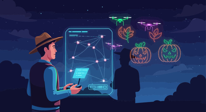 Nighttime drone light show featuring illuminated fall-themed shapes and operator
