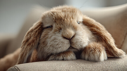 Adorable fluffy lop-eared rabbit sleeping peacefully on a cozy sofa