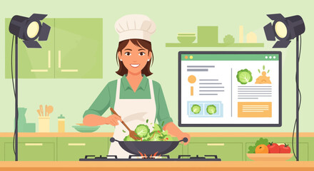Female chef prepares healthy food for an online video cooking broadcast setup