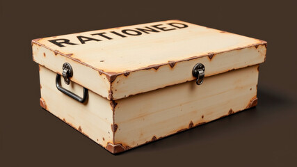 Wooden ration box with stenciled label symbolizing controlled distribution of essentials
