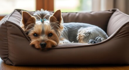 Yorkie Resting Comfortably in a Brown Dog Bed.