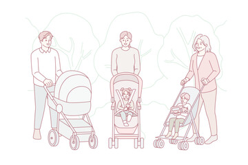 Parents with children in strollers walking in park. Happy mothers and fathers enjoy walk with small kids outside. Parenthood concept. Vector illustration.