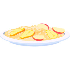 Pixel art oatmeal with sliced apples and pears on a white plate isolated on transparent background healthy breakfast food illustration