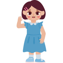 Pixel Art Of A Young Girl Wearing A Blue Dress And Pink Hair Clips Waving Hello With A Friendly Smile On Transparent Background
