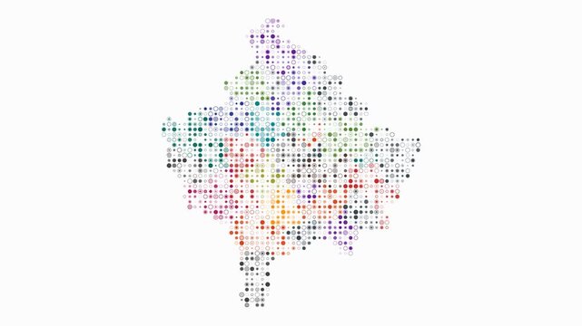 Kosovo animated country shape. Pulsating colored dots on the map of the country. Small size circle blocks. Digital style Kosovo map on white background. Creative animation video.