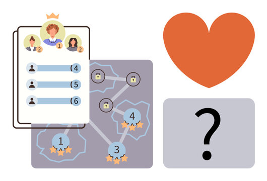 Leaderboard with rankings, progress map with star rewards, heart symbol, and question mark. Ideal for competition, motivation, team goals, achievement, ranking system gaming and progress tracking