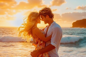A man and a woman standing on the beach at sunset