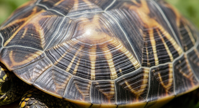 Close-up of a turtle shell with intricate geometric patterns in brown, black, and tan colors.