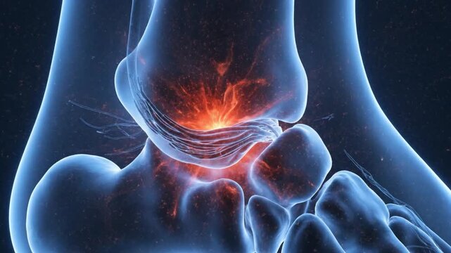 Ankle Pain and Injury Medical Illustration of Human Foot Bones with Highlighted Pain Area.