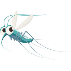 Cartoon Teal Mosquito Insect with Large Eyes and Delicate Wings Flying in Isolated Transparent Background