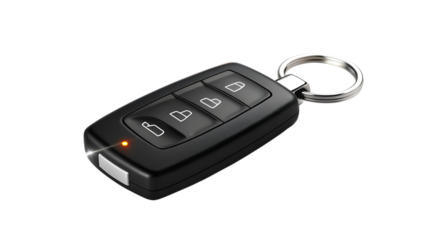 Close-up photorealistic image of a modern car key fob with keychain attached isolated on transparent background