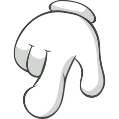 Cartoon white glove hand pointing down with soft gray shading and black outline on a transparent background