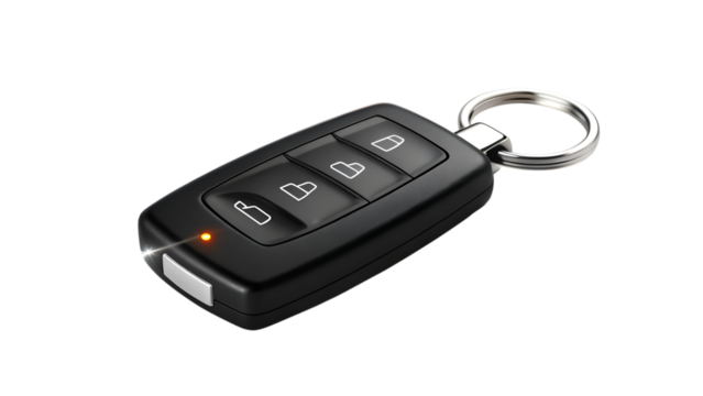 Close-up photorealistic image of a modern car key fob with keychain attached isolated on transparent background