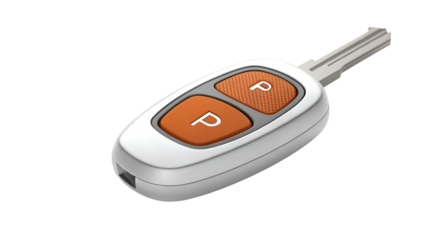 Modern silver and white car key fob with orange buttons offering convenience and security isolated on transparent background